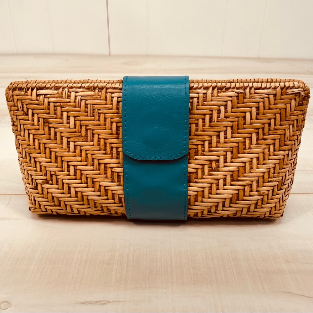 Three Islands Woven Rattan Turquoise Leather Clutch Bag Straw